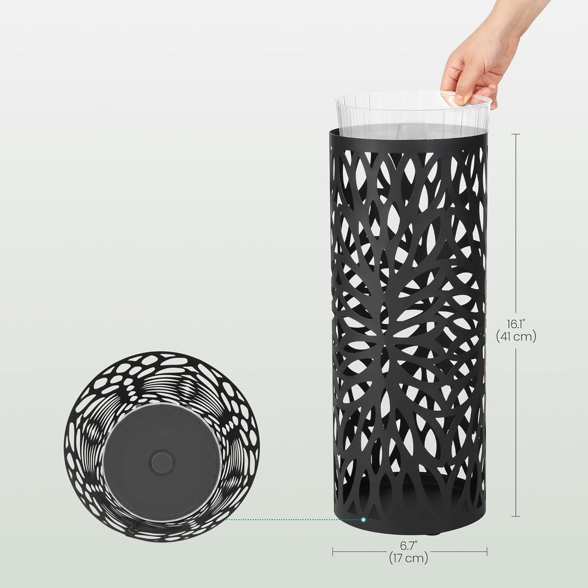 SONGMICS Umbrella Stand, Umbrella Holder for Entryway, Steel Round Umbrella Rack Freestanding, for Canes Walking Sticks, with a Detachable Drip Tray, 2 Long and 2 Short Hooks, Matte Black ULUC022B01