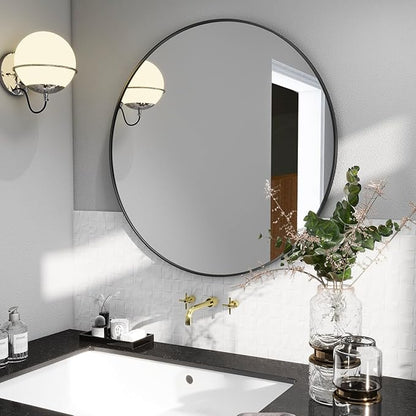 BEAUTYPEAK 24 Inch Round Mirror, Metal Frame Circle Mirror, Wall Mounted for Entryway, Bathroom, Vanity, Living Room, Black