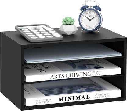 SUPEASY Wooden Desk Organizer - 3 Tier Paper File Organizer for Office, School & Home, Black