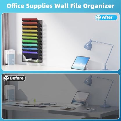 Marbrasse Wall File Holder 11-Tier Hanging Wall File Organizer, for Papers, Files Clipboard & Magazine Organizer, Wall Mount File Holder Great for Office Home (Black)
