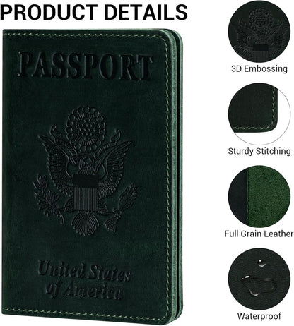 BIAOTIE Premium Leather Passport Holder Covers, Rfid Travel Wallet Passport Document Holder, Travel Essentials Wallet Cover Case for Men and Women (Green)