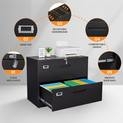 2 Drawer File Cabinets for Home Office, Metal Filing Cabinet with Lock, Black Locking File Caninet Two Drawer, Office Storage Caninets Steel Cabnet for Letter/Legal/A4/F4-Assembly Required