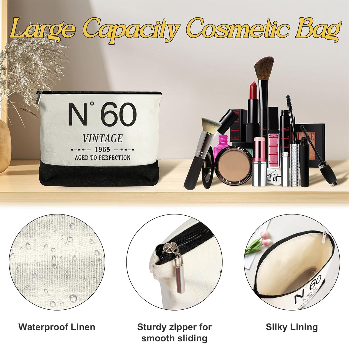 60th Birthday Gifts for Women Canvas Tote Bag Travel Gear, Unique 60 Years Old Gifts for Her Wife Sister Mom Aunt Friends, Vintage N60 Handbag & Cosmetic Bag & Back in 1965 Poster