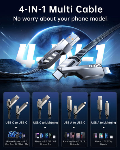 4-in-1 Long USB C Cable 60W 15FT Compatible With Lightning Cable [Fast Charging&Data Transfer] Flat Nylon Braided for iPhone iPad Charger Cord, Multi Charge Wire Combo with L/Type C/USB A Port