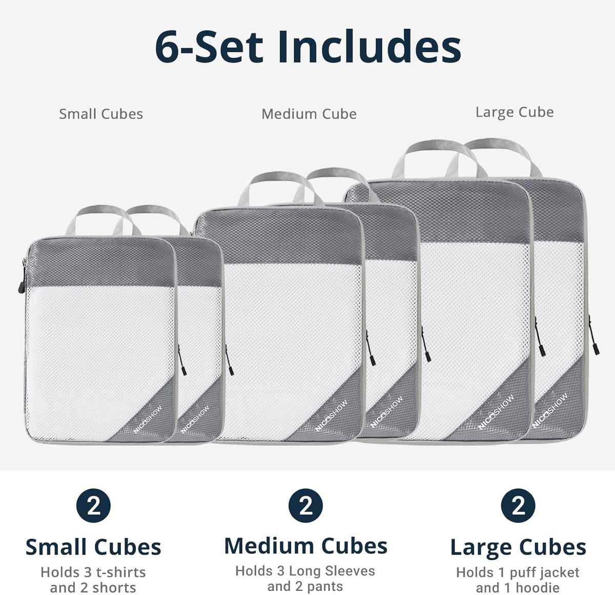 6 Set Compression Packing Cubes for Travel - Compressible, Lightweight, and Space-Saving Packing Cubes, Travel Essentials for Women, Grey