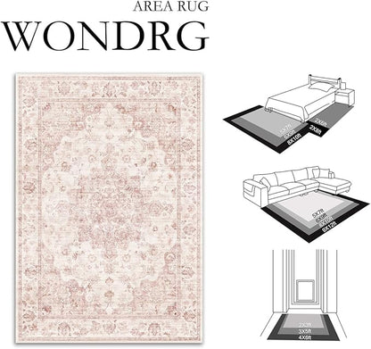 3x5 Washable Neutral Area Rug Pink Vintage Entryway Office Carpet Non-Slip Soft Low Pile Farmhouse Throw Rug for Entrance Living Room Bathroom Dining Room