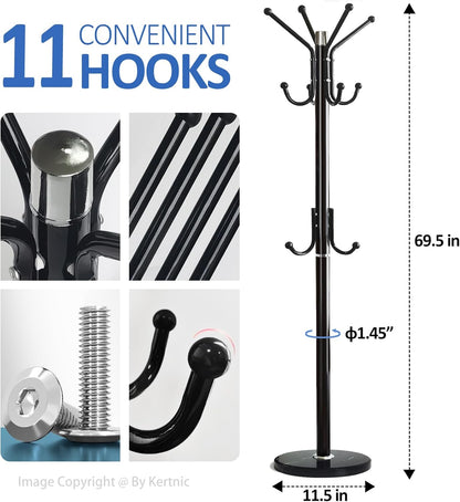 Kertnic Modern Coat Rack Freestanding with Natural Marble Base & Sturdy Metal Frame, 11 Hooks Hall Tree for Jackets, Hats, Bags, Entryway Organizer for Bedroom, Living Room, Closet (11 hooks-Black)