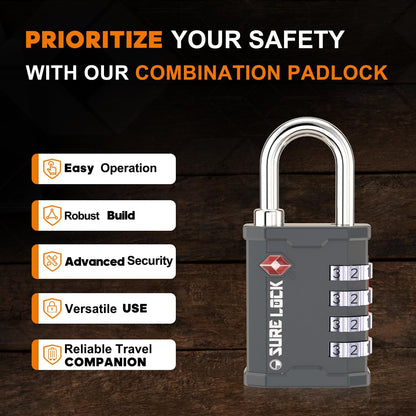 SURE LOCK TSA Accepted 4 Dig Heavy Duty Big Combination Luggage Padlock All Metal Travel Lock for Equipment Hard Case Luggage Gun Case Gym Locker Pelican Vault Lock (1, Grey)
