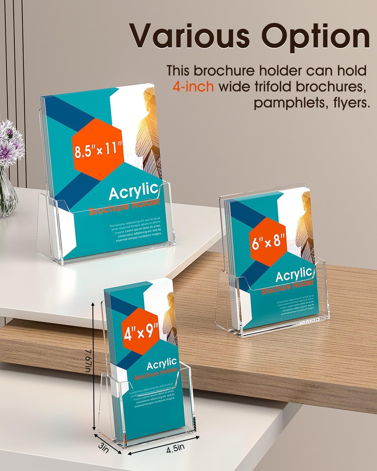 MaxGear Brochure Holder 2 Pack, 4 Inches Wide Acrylic Display Stand Clear Pamphlet Holder Flyer Holder Rack Card Holder Countertop/Desk Organizer for Trifold, Booklet, Literature, Magazine