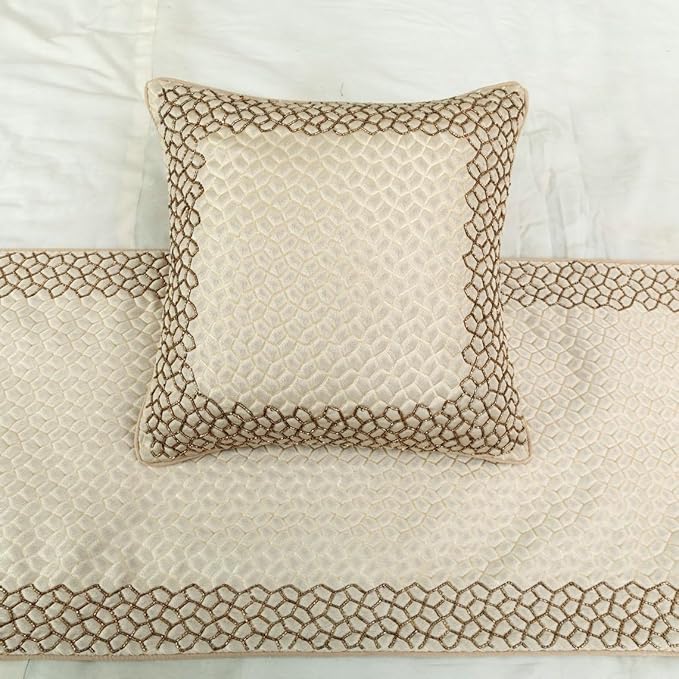 The HomeCentric King/Queen/Twin Ivory & Gold Designer CA King 86"x18" Bed Runner with 2 Pillow Cover, Mosaic & Beaded Bed Scarf on Jacquard Fabric - Tessellation