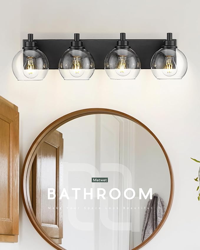 METWET Bathroom Light Fixtures, 4 Light Matte Black Vanity Light, 26 Inch