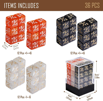 36PCS 12mm MTG Life Counters Dice Set for Magic The gatering, MTG Plus 1 Tokens 6 Sided Mini Dice Set with Box, Compatible with TCG CCG Magic Card Gaming Accessories