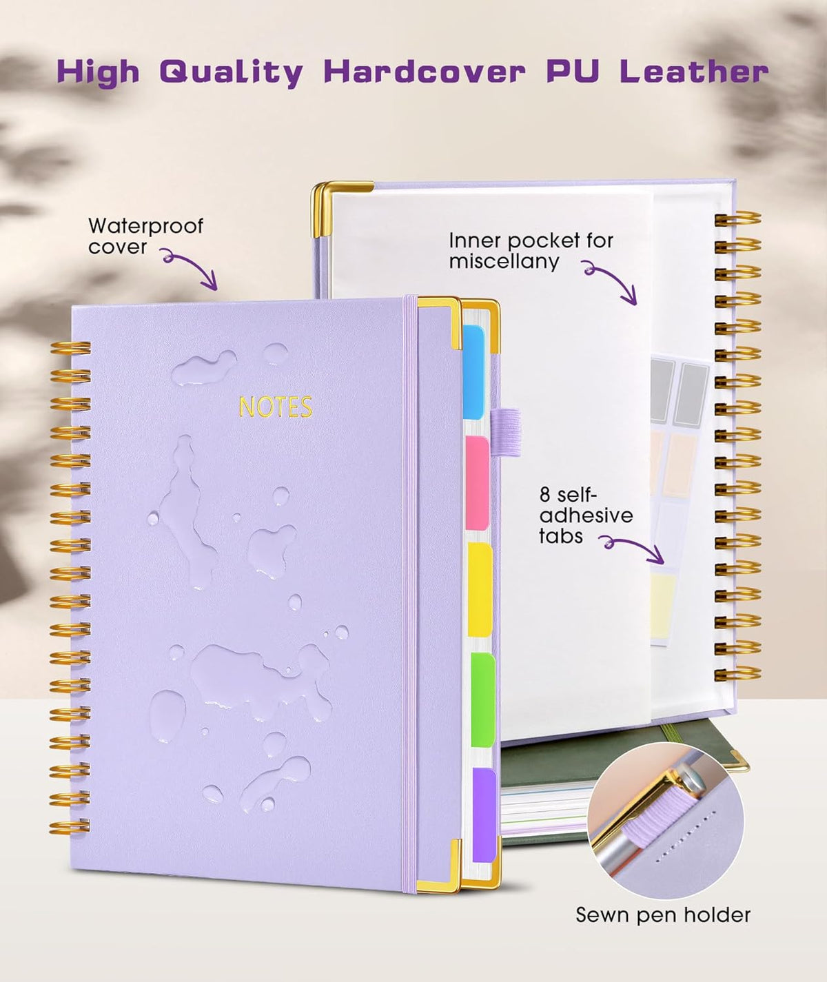 Hardcover Spiral Notebook journal with Removable Dividers Tabs, 300 Pages Leather 5 Subject Notebook College Ruled, 8"x10" Large B5 Notebooks for Work School Note taking,Lined Journal for Women,Purple