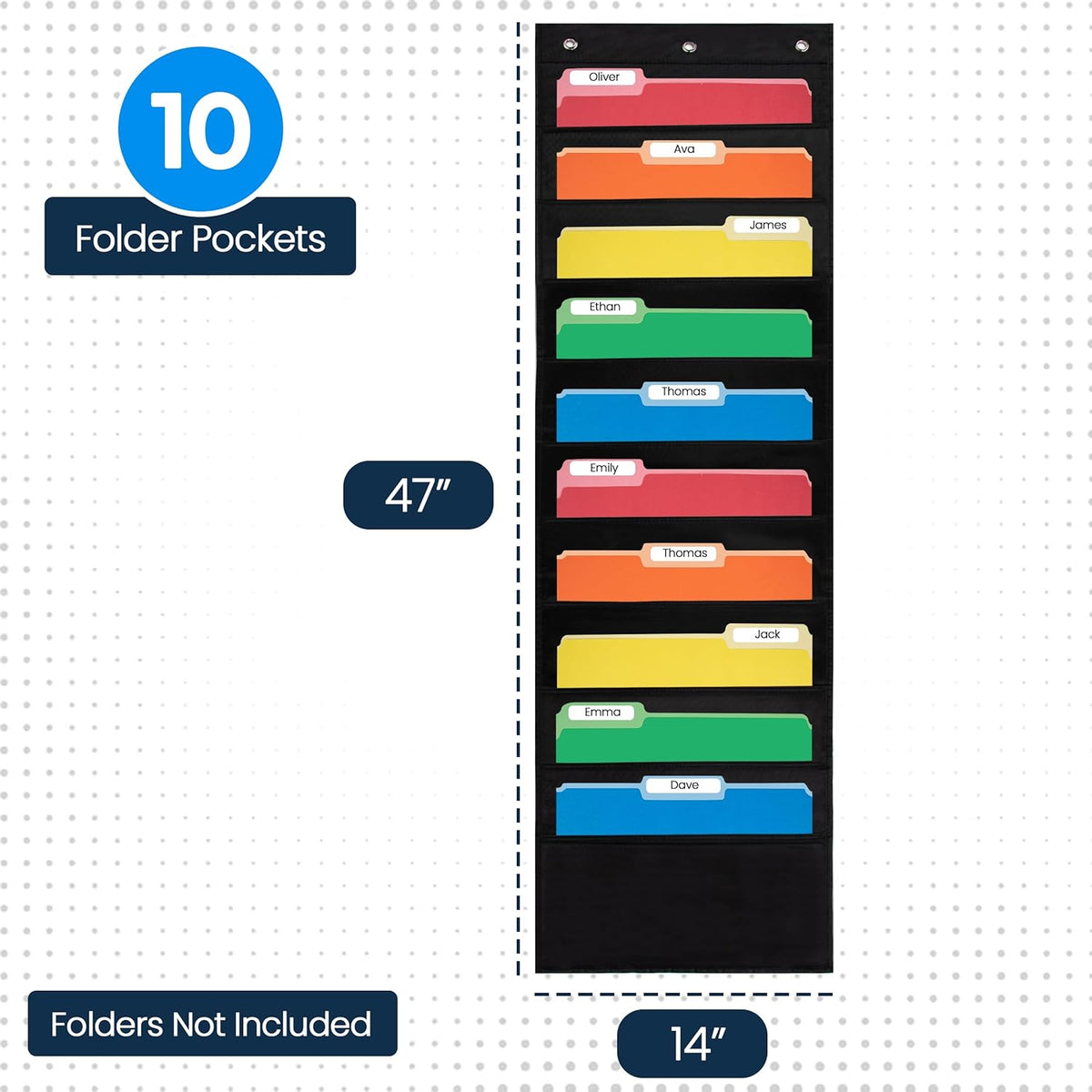 Essex Wares - 10 Pocket File Pocket Chart, Black, 14" Wide x 47" Tall - Versatile Wall Hanging File Folder Organizer for Classroom, Office, Home, and More - Wall Folder Organizer - 10 Pockets