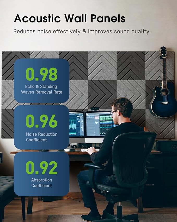 Woovio Sound Proof Foam Panels for Walls, 12 Pack Self-Adhesive Acoustic Panels