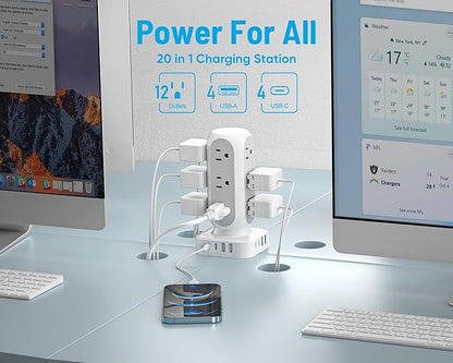 TenTrend 65W Fast Charging Station, Flat Plug Power Strip Tower