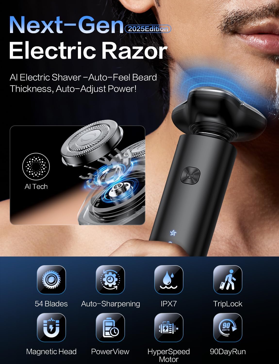 Electric Razor for Men, Men's Electric Shaver, 3-Blade Rotary Shaving System, Touch Switch, Type-C Fast Charging, LED Display, Travel Lock, 90+ Minutes Run Time