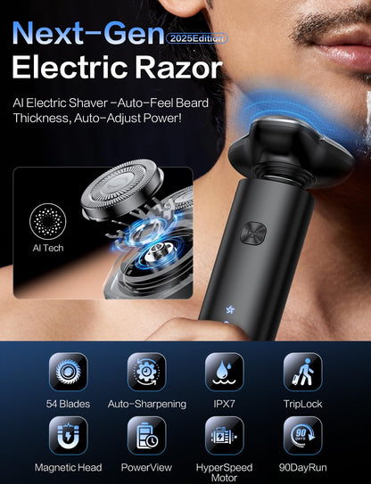 Electric Razor for Men, Men's Electric Shaver, 3-Blade Rotary Shaving System, Touch Switch, Type-C Fast Charging, LED Display, Travel Lock, 90+ Minutes Run Time