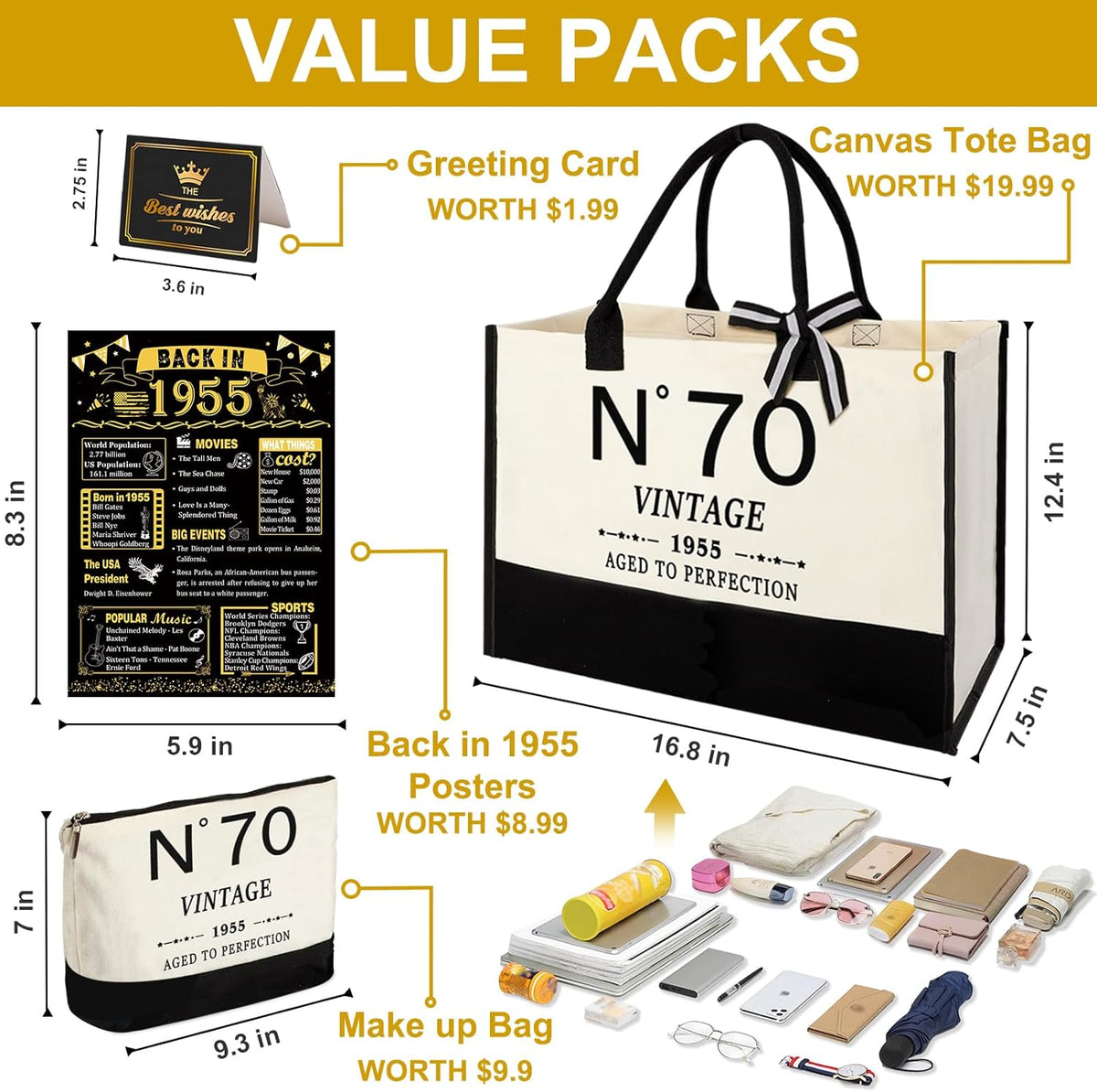 70th Birthday Gifts for Women Canvas Tote Bag Travel Gear, Unique 70 Years Old Gifts for Wife Sister Mom Aunt Friends Her, Vintage N°70 Handbag & Cosmetic Bag & Back in 1955 Poster