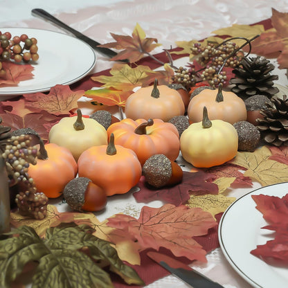 21Pcs Fake Pumpkins Fall Thanksgiving Decorations,Plastic Pumpkins with Acorns,Maple Leaves,Artificial Mini Pumpkin Decorating Autumn Harvest Outdoor Indoor Home Decor Centerpiece Table Decorations
