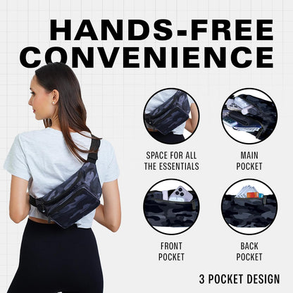 Black Camo Fanny Pack Belt bag - Crossbody Waist Bag for Men or Women - Hands-Free, Waterproof Large Bumbag for Hiking, Running, and Travel