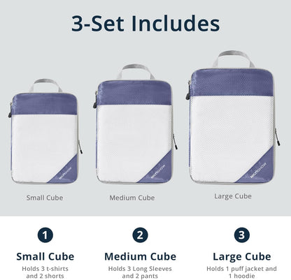 Compression Packing Cubes 3 Set, Compressible Space-Saving Packing Cubes for Travel - Compression Bags, Luggage Organizer, Travel Essentials for Women, Bluish Purple