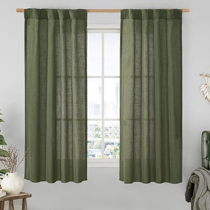 LAMIT Linen Curtains 60 Inch Length 2 Panels, Light Filtering Panels Back Tab and Rod Pocket Neutral Drapes for Bedroom/Window/Living Room, Olive Green, 34 x 60 Inch