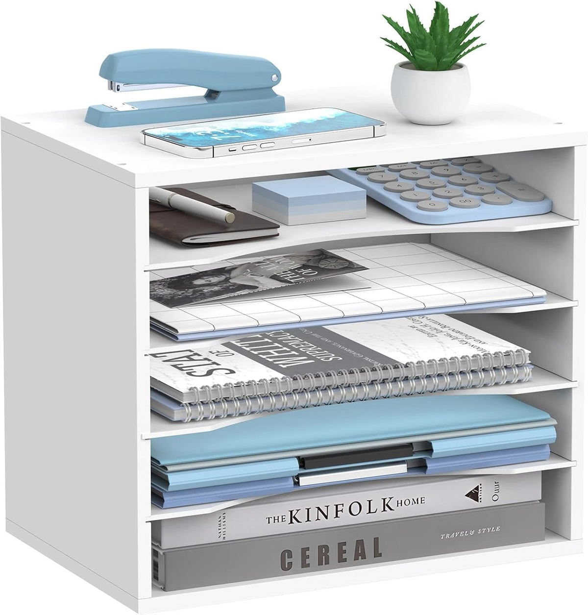 5-Tier Wood Desk Organizer, Paper Tray Organizer for Desk with Adjustable Storage Shelves, Desktop Paper Sorter Mail Holder for Office Home Classroom, White