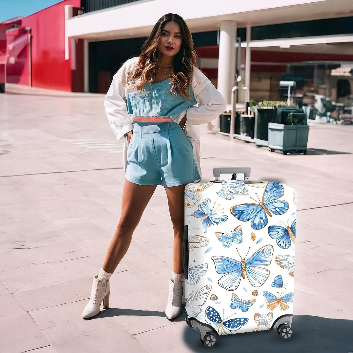 Travel Luggage Cover,Watercolor ButterfliesTheme Suitcase Cover Accessory Kit, Luggage Tag, and Comfortable Luggage Handle Wrap, Washable Luggage Suitcase Protector (25-28 inch,L)