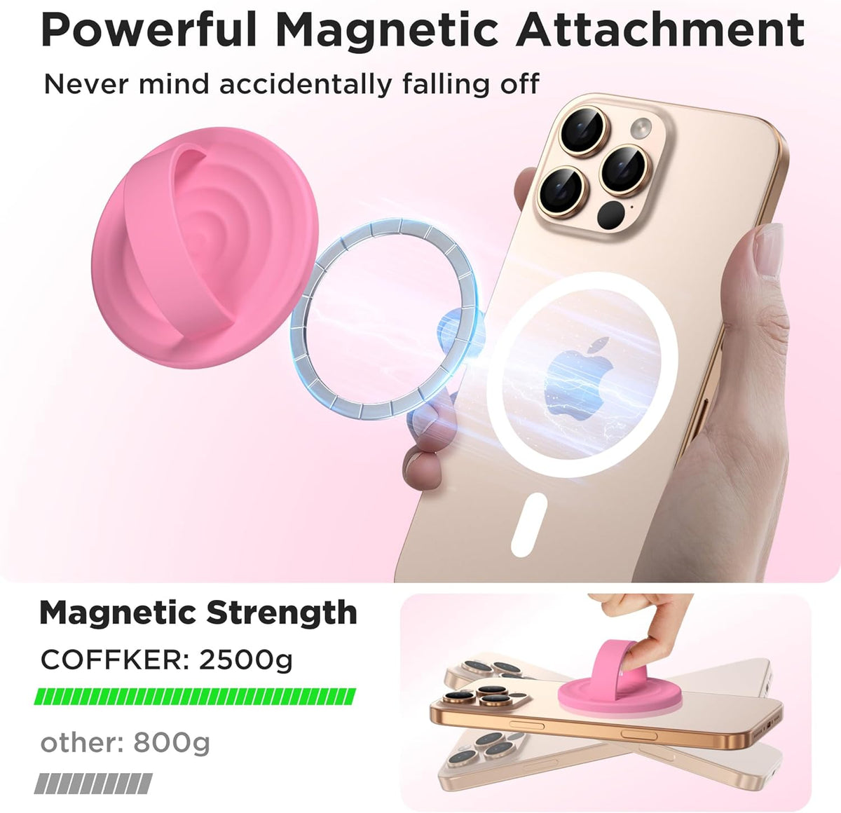 Magnetic Phone Ring Grip Holder, Silicone Finger Loop Grip, Compatible with MasSafe, Back of Phone for iPhone Pro Max/Plus/16/15/15/14/13/12 Series, Tender Pink