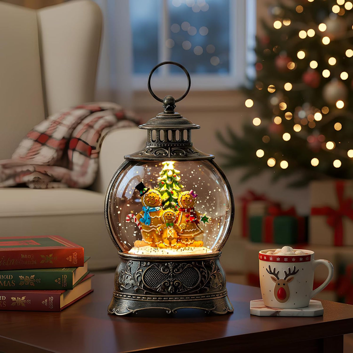 Christmas Snow Globe Lantern Water Glittering Gingerbread Family with Music& Timer, USB Lined/Battery Operated Lighted Lantern for Christmas Festival Decoration Gifts