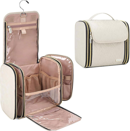 Hanging Toiletry Bag & Makeup Bag for Women with Jewelry Organizer - TSA Approved Large Capacity Travel Cosmetic Organizer, Waterproof Shower Essentials Case with Transparent Pockets, Beige