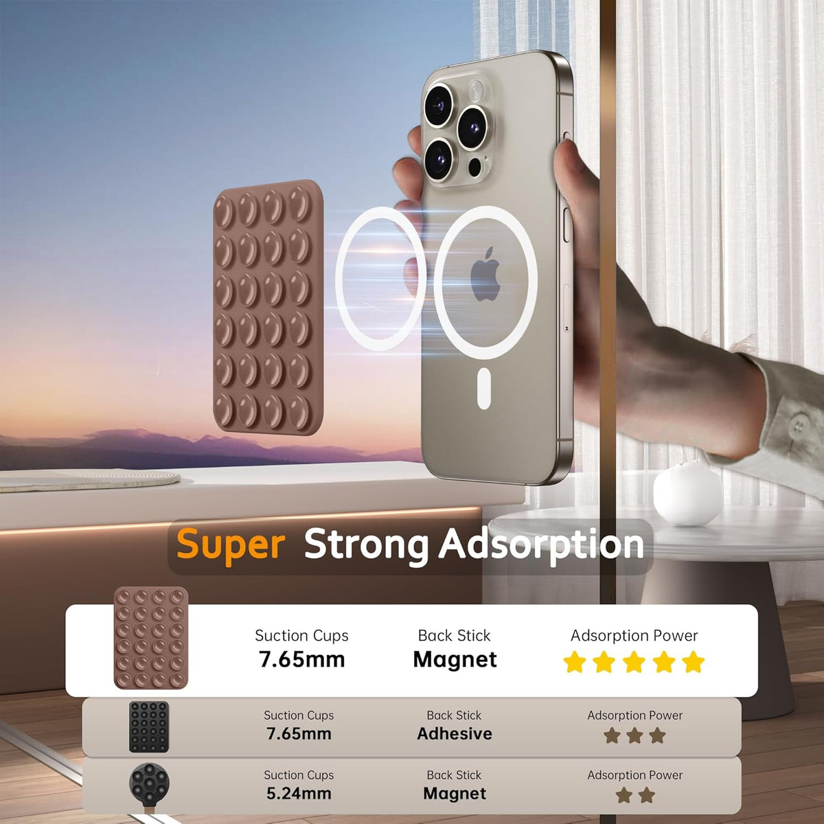 GONEZ Magnetic Suction Cup Phone Mount for MagSafe Case, Removable Silicone Sticky Grip for iPhone 12/13/14/15/16, Hands-Free Selfies and Videos for TikTok & Instagram Influencer/Creator, Brown