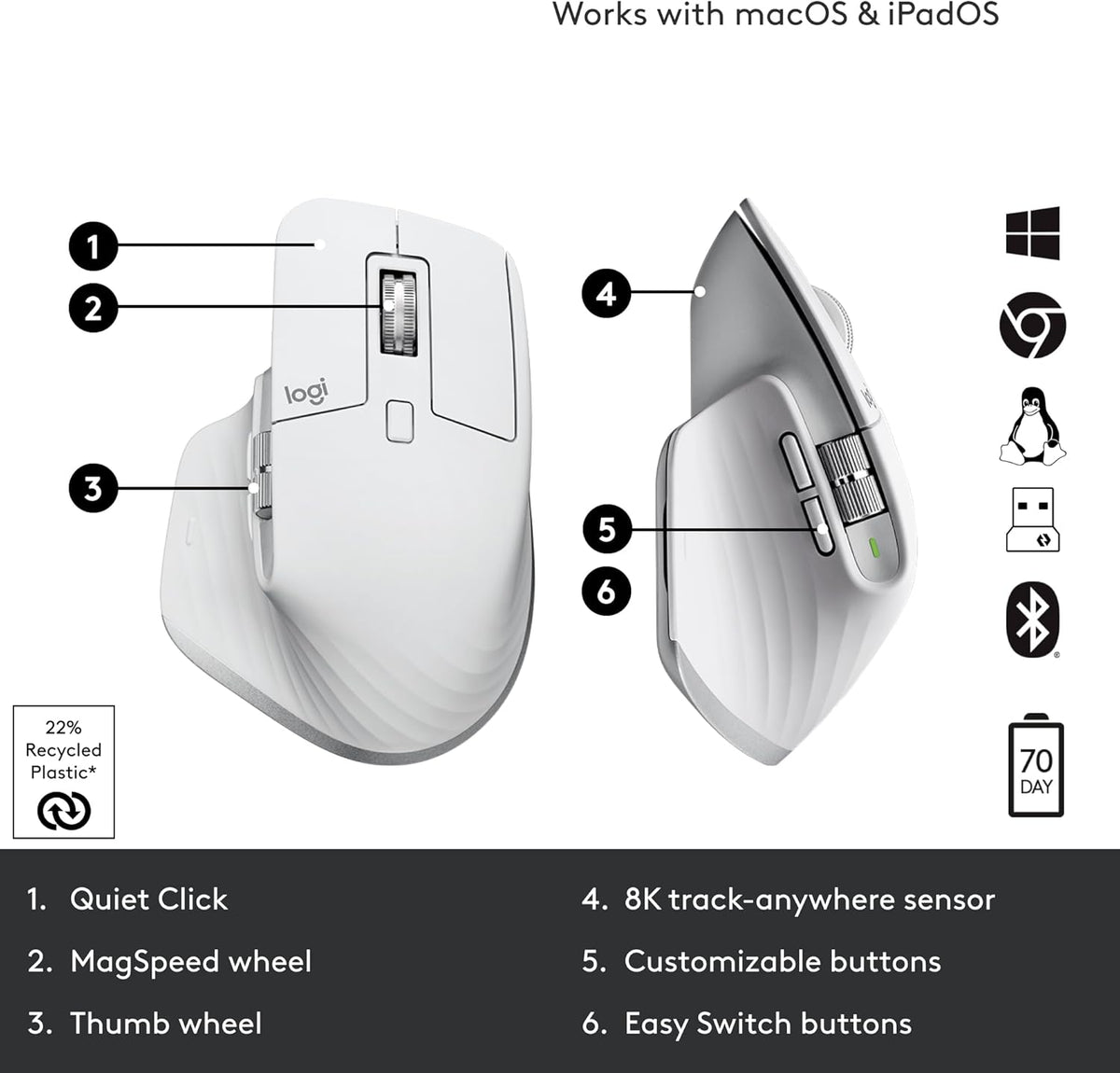 Logitech MX Master 3S Wireless Mouse Standard Edition with Logi Bolt USB Receiver, Ultra-fast Scrolling, Ergo, 8K DPI, Track on Glass, Quiet Clicks, USB-C, Bluetooth, Windows, Linux, Chrome- Pale Grey