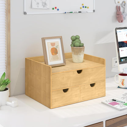 Bamboo Desk Drawer Organizer, Large Desktop Organizer with Drawers Tabletop Storage Organization Box for Office Home Toiletries Supplies Vanity, No Assembly Required (3 Drawer with Shelf)