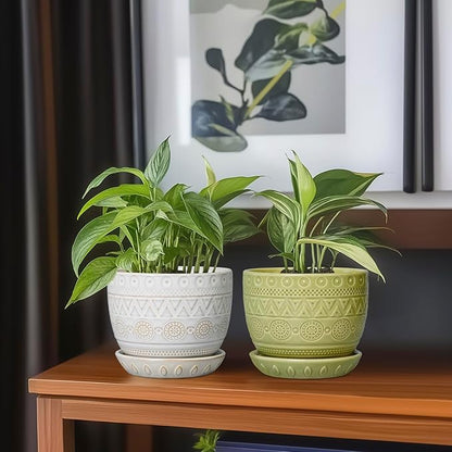G EPGardening Indoor Plant Pot 5.5 Inch - Ceramic Planter with Drainage Hole and Saucer, Round Boho Plant Pot for Indoor Plants, Plant Lover Gifts, Home Garden Office Decor, Green