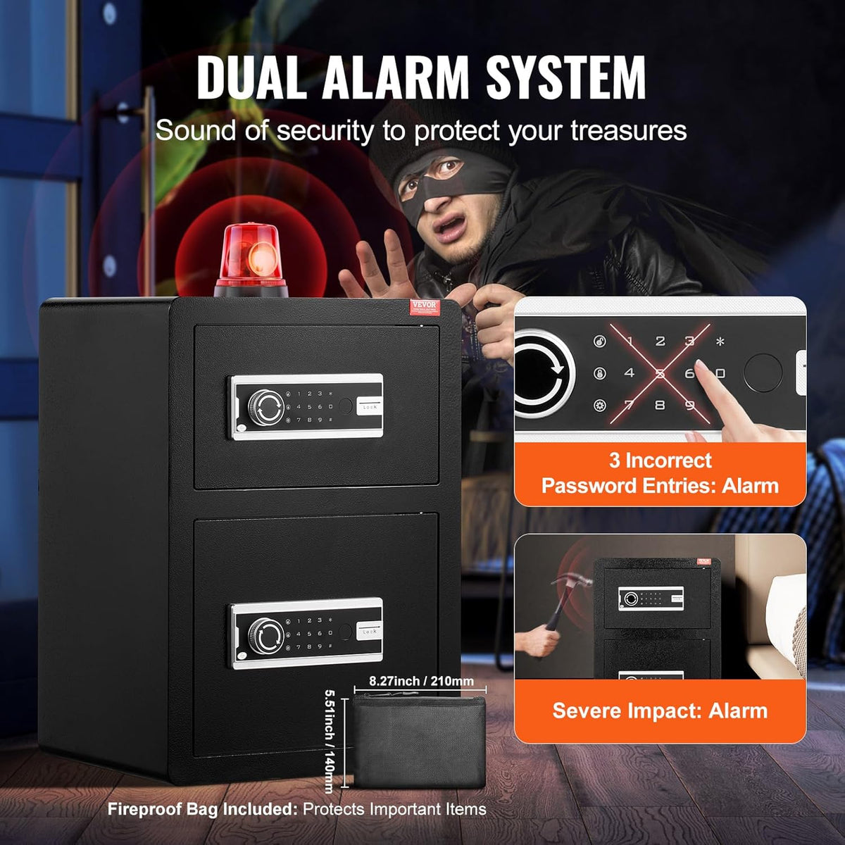 VEVOR Double Doors 3.5 cu.ft Safe Box with Key Lock & Password, Safe Lock Box with Fireproof Bag, Key Rack, LED Light and 2 Height Adjustable and Removable Divider for Money, Jewelry and Valuables
