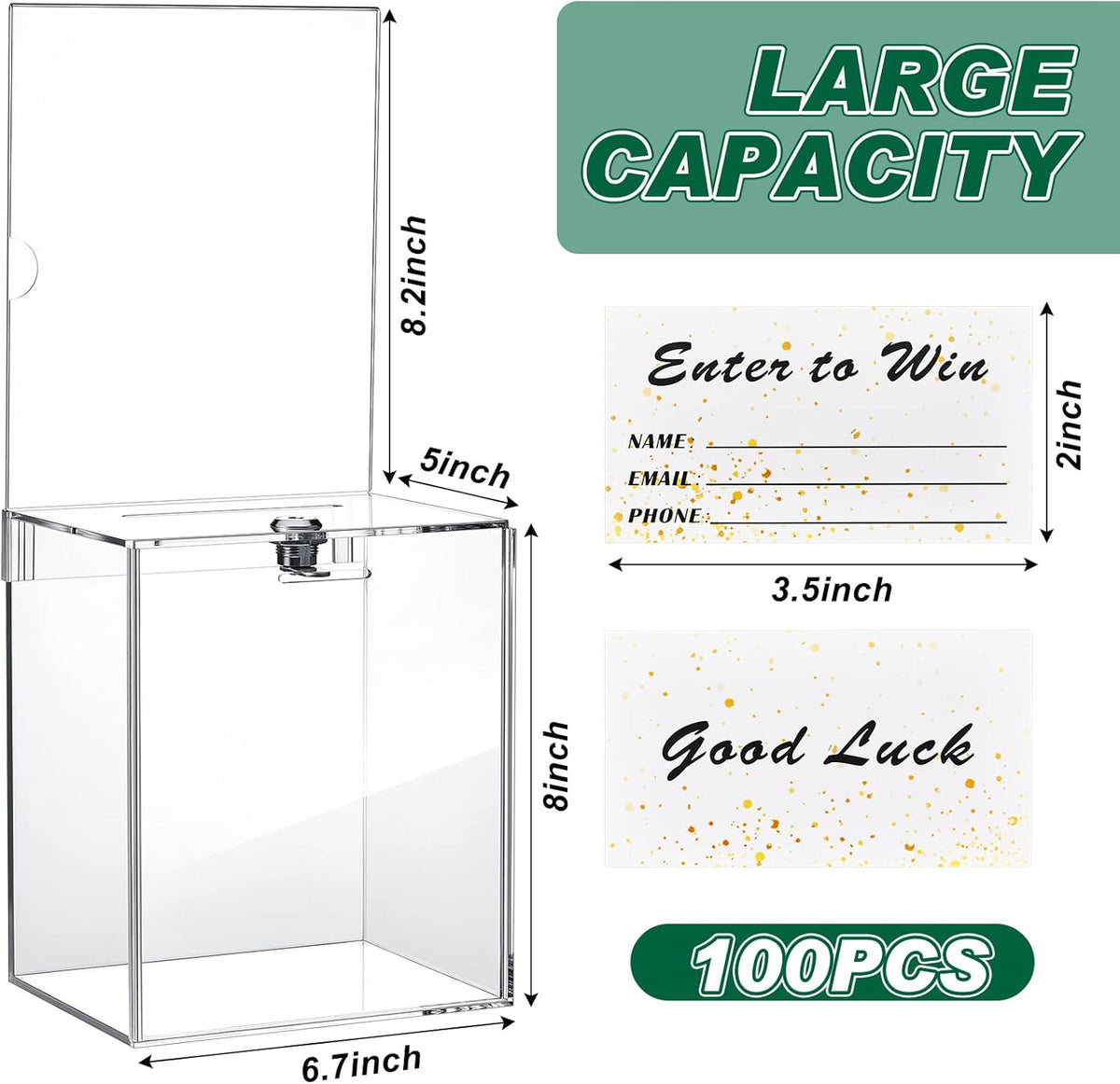 Teling Tall Acrylic Donation Box with Lock and Sign Plate Safe Suggestion Box with 100pcs Raffle Tickets Cards for Raffle, Money, Voting, Charity, Suggestion (Transparent, 6.7 x 5 x 8 Inch)