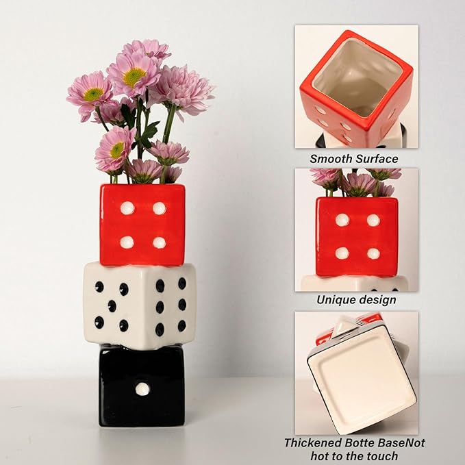 Funky Dice Vase - Unique Ceramic Home Decor for Bars| Stylish Black, White & Red Geometric Design | Perfect for Fresh, Dried, or Artificial Flower Arrangements | Ideal Gift for Art Lovers