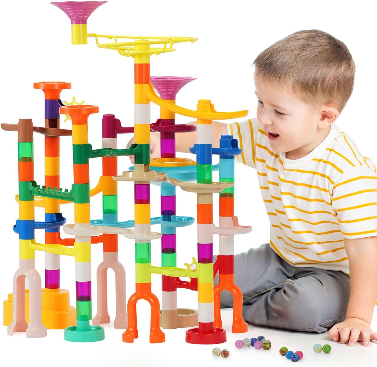 110pcs Marble Maze Kit STEM Learning Toy for Kids, 60 Marbles, Building Blocks, Ages 3-8