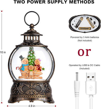 Christmas Snow Globe Lantern Water Glittering Gingerbread Family with Music& Timer, USB Lined/Battery Operated Lighted Lantern for Christmas Festival Decoration Gifts