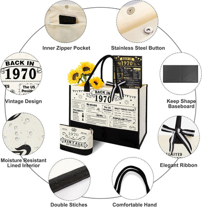 55th Birthday Gifts for Women Canvas Tote Bag Travel Gear, Unique 55 Years Old Birthday Gifts for Mom Wife Aunt Friends Her, Vintage 1970 Handbag & Cosmetic Bag & Back in 1970 Poster