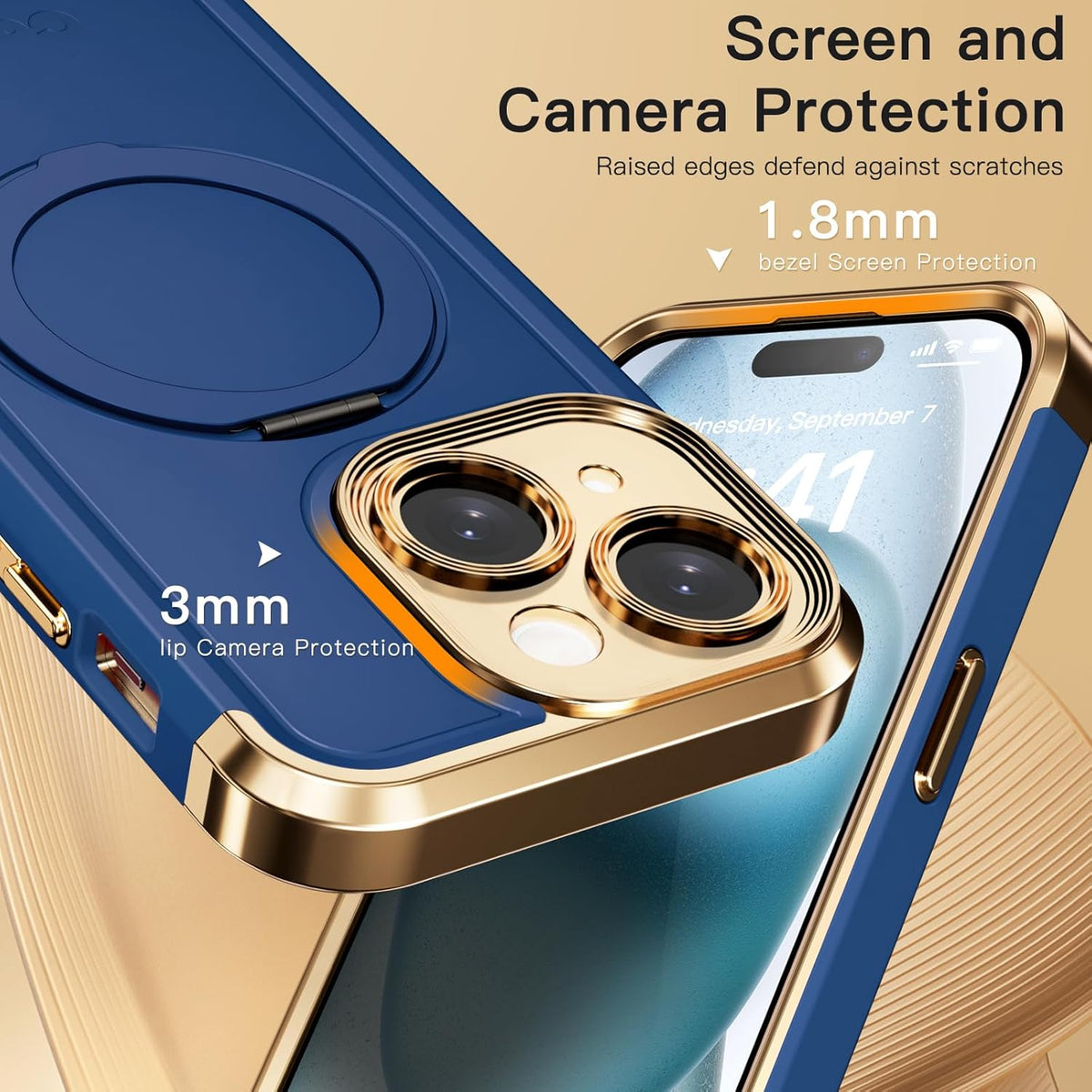COOLQO for iPhone 13 Case 6.1'' Upgraded 360° Spin Magnetic Stand [Compatible with Magsafe][Military Protection] Plating Matte Scratch-Resistant Back Protective Shockproof Phone Case, Blue Gold