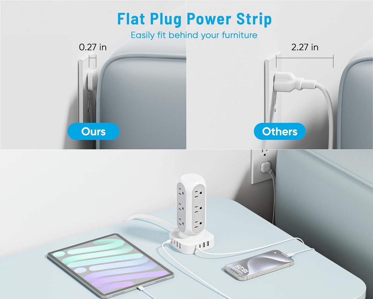 Flat Plug Power Strip Tower, 40W Total Fast Charging Station, Dual PD 20W USB-C Surge Protector with 12 AC Outlets and 8 USB Ports (4 USB C), 15FT Extension Cord for Home Office Dorm Room