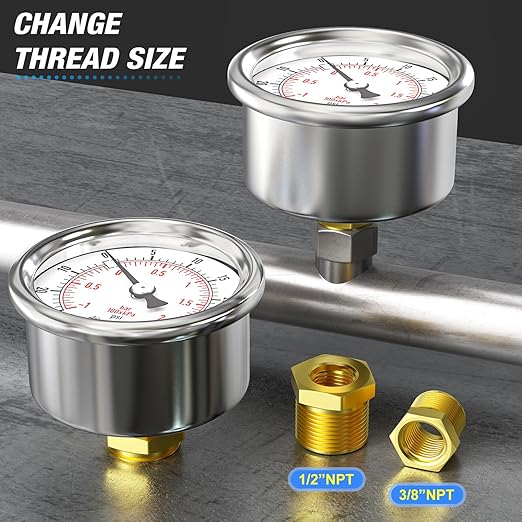 MEANLIN MEASURE -30inHG~30Psi Vacuum Gauge Stainless Steel 1/4" NPT 2" FACE DIAL Waterproof for Air Compressor HVAC Negative Pressure Hand Pump Pool Back Mount with 1/2" NPT and 3/8" NPT Hex Bushing
