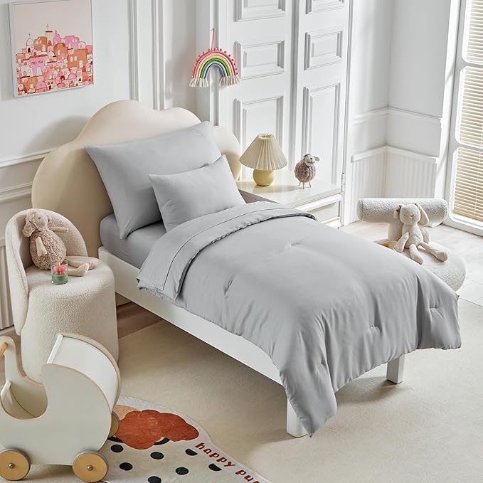 Toddler Bedding Set - 5 Piece Soft and Breathable Toddler Bed Set for Boys and Girls, Includes Quilted Comforter, Fitted Sheet, Flat Top Sheet, Standard Pillowcase and Toddler Pillowcase, Gray