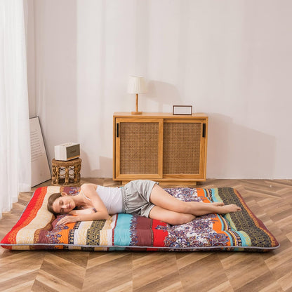 Bohemian Retro Floor Mattress Vintage Floral Japanese Futon Mattress Roll Up Thicken Sleeping Bed Portable Camping Mattress Floor Lounger Couch Bed Mattress Pad, King Size