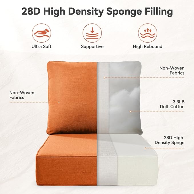 6" Thick Outdoor Cushions 22x24x6, 5-Set Deep Seat Patio Cushions with Removable Cover, Waterproof & Fade Resistant Replacement for Wicker Chair, Loveseat, Sofa - Orange