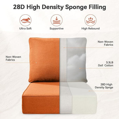6" Thick Outdoor Cushions 22x24x6, 5-Set Deep Seat Patio Cushions with Removable Cover, Waterproof & Fade Resistant Replacement for Wicker Chair, Loveseat, Sofa - Orange