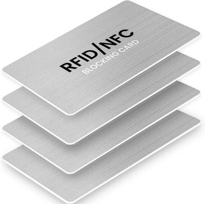 RFID Blocking Cards, Premium Contactless NFC Debit Credit Card & Passport Protector Blocker Set for Men & Women - Smart Slim Design One Card Protects Entire Wallet/Purse Safe -Silver 4 pack